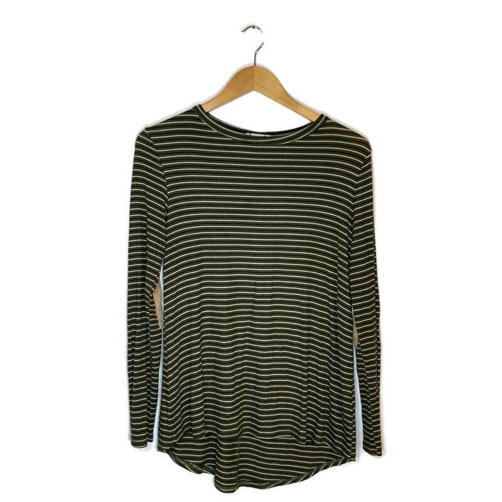 90s/Y2K Gorilla Cat Sz Small Long Sleeve Shirt Striped Ribbed Elbow Patch Green